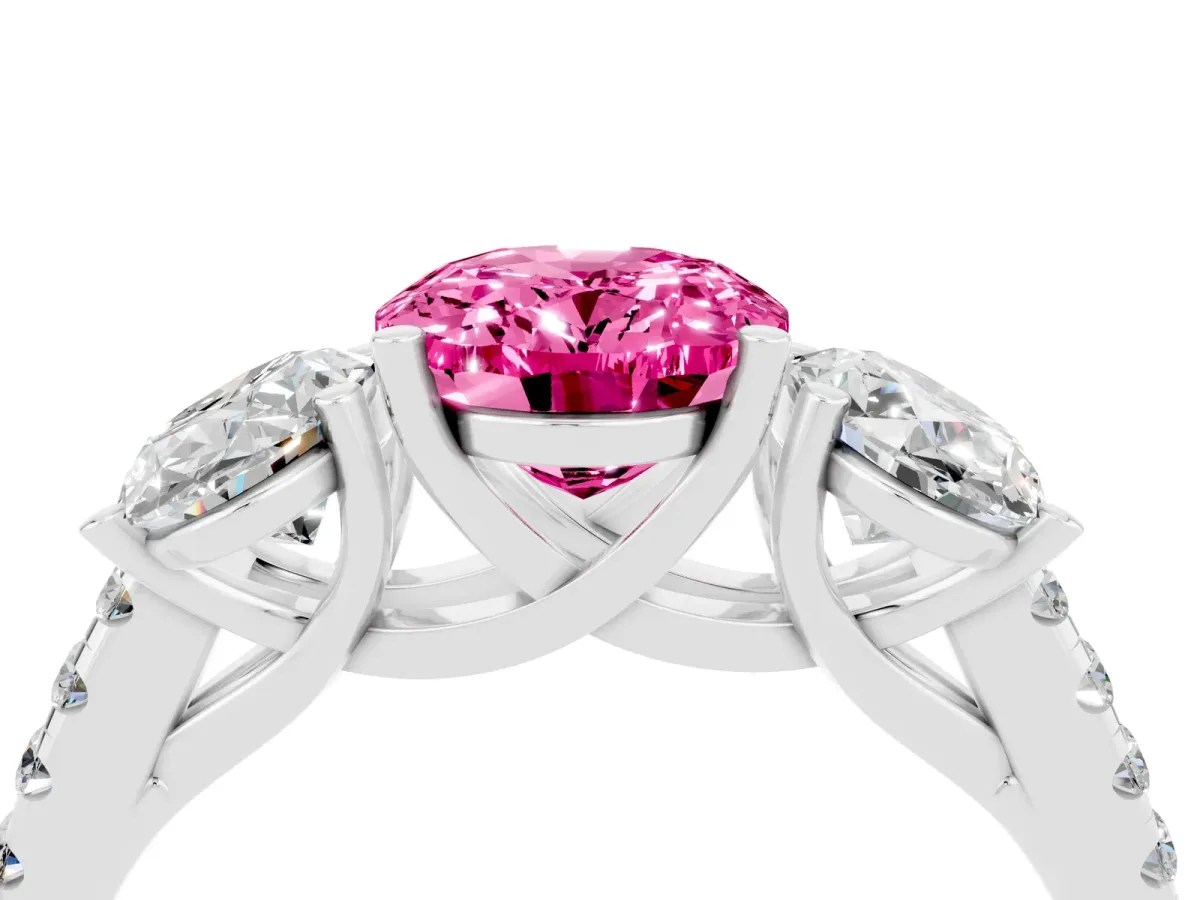 Three-Stone Oval Cut Pink Sapphire Ring with Round Pavé Band and Prong Setting Silver
