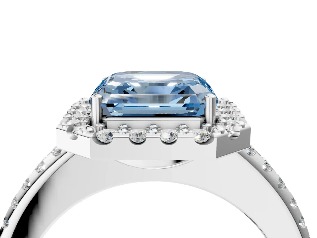 Fancy Blue Asscher Cut Diamond Pavé Halo Ring with Four-Prong Setting Platinum