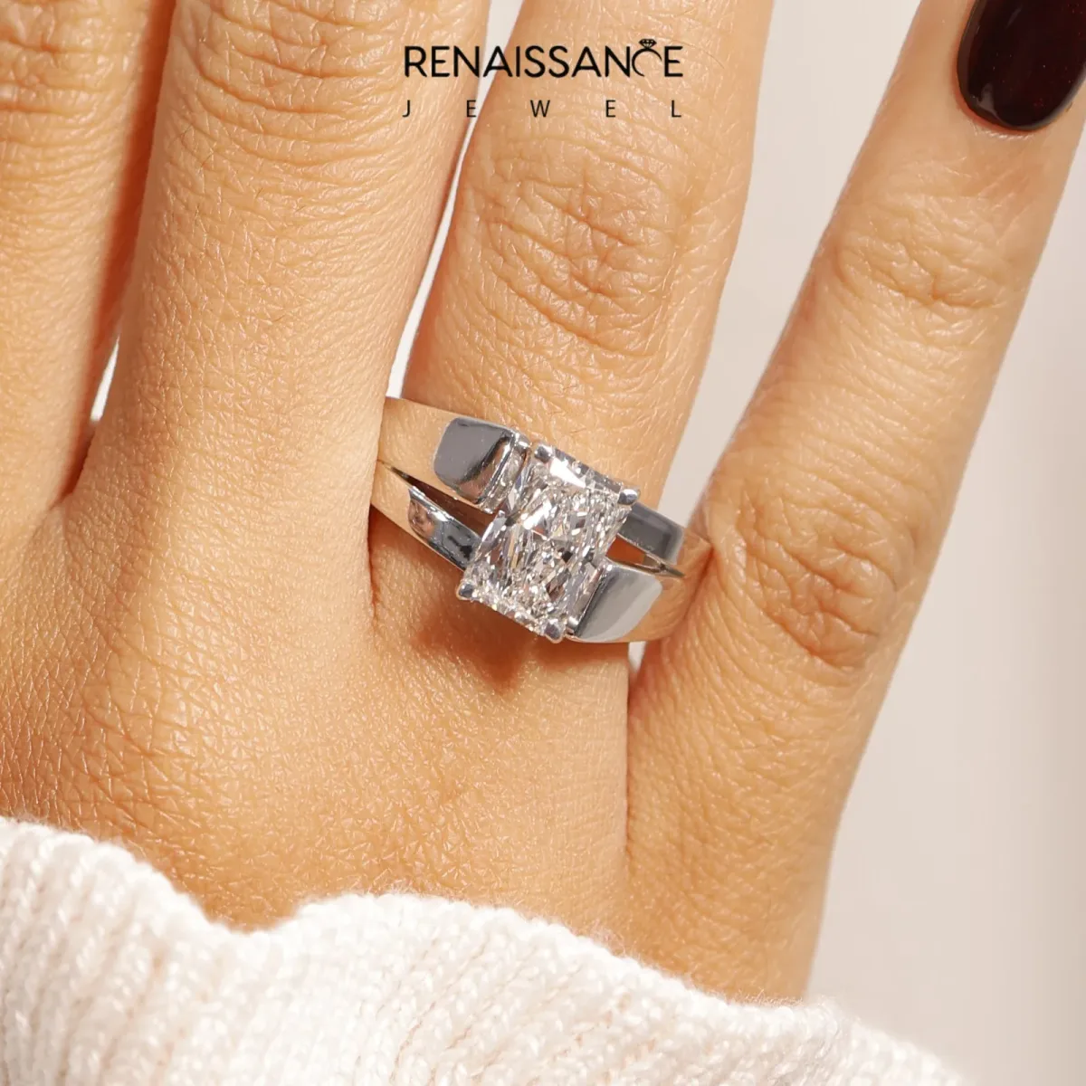 Modern Tension Set Radiant Cut Diamond Solitaire Wide Band Ring Silver