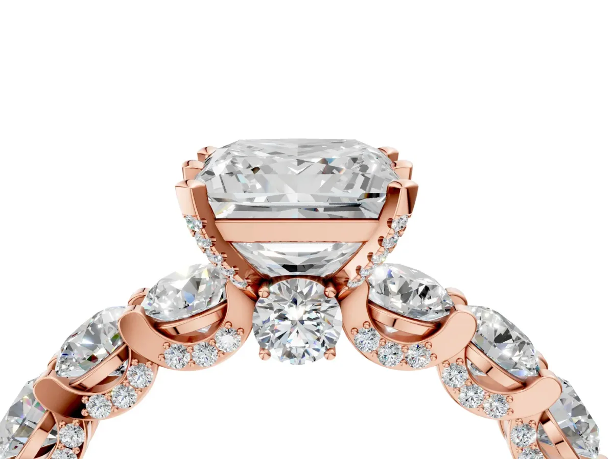 Princess Cut Diamond Side Stone Engagement Ring with Four-Prong Setting Rose gold