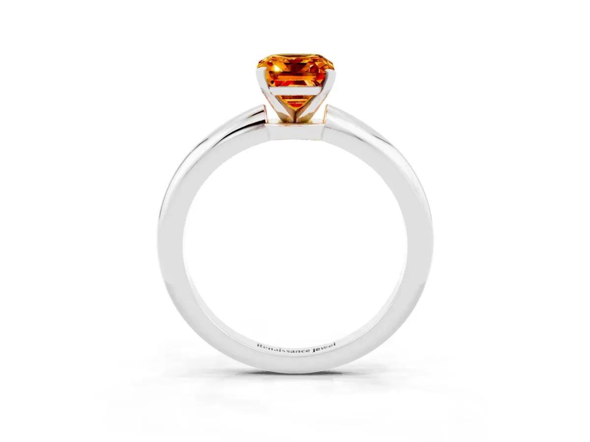 Emerald Cut Citrine Solitaire Ring with Six-Prong Setting and Classic Band Platinum