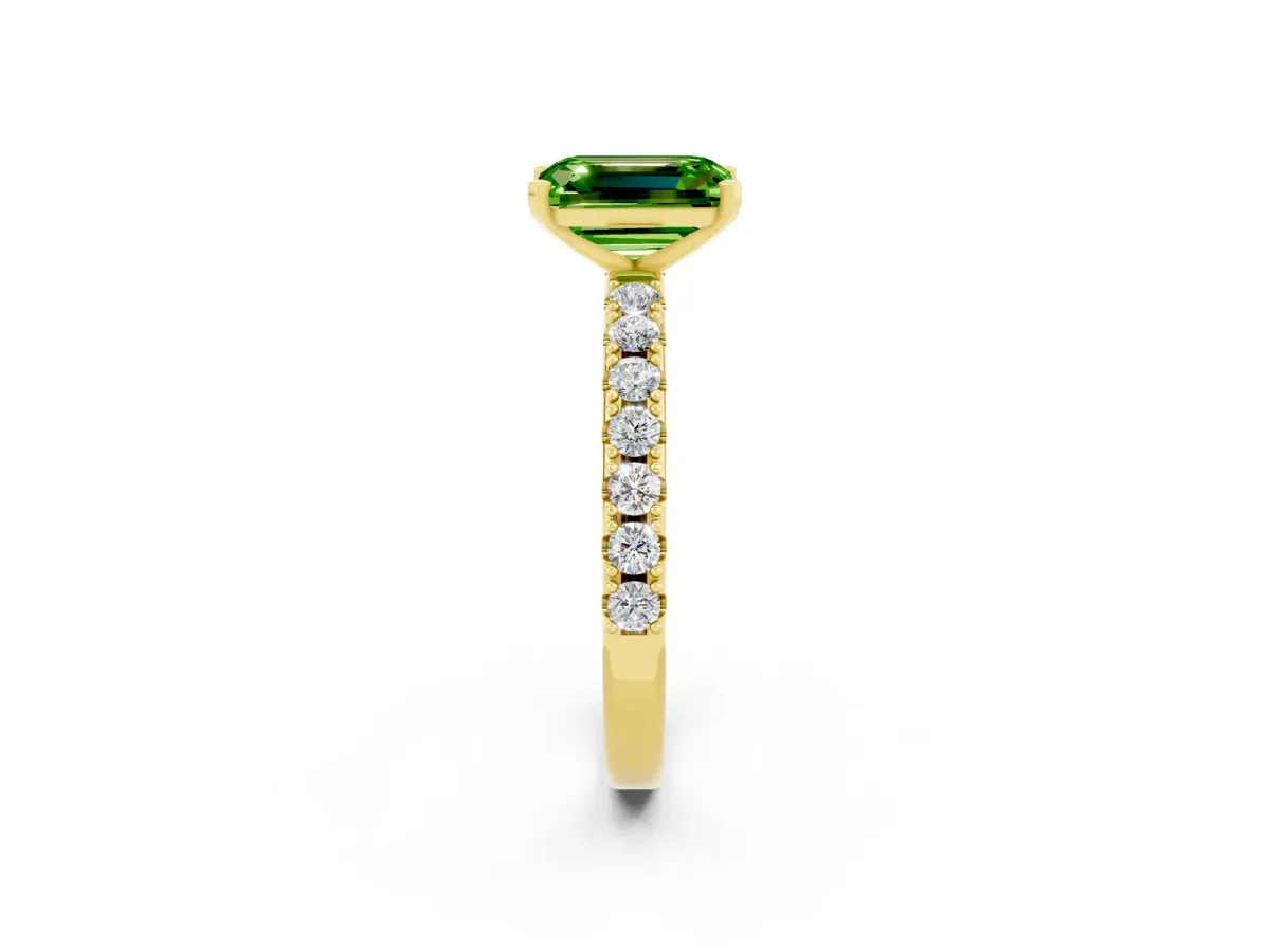 Emerald Cut Peridot Solitaire Pavé Band with Four-Prong Setting Yellow gold