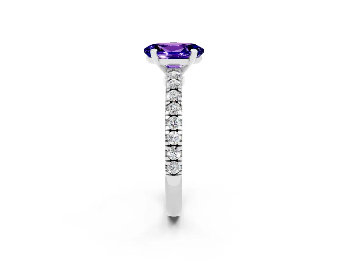 Oval Cut Solitaire Tanzanite with Pavé Band and Four-Prong Setting Silver