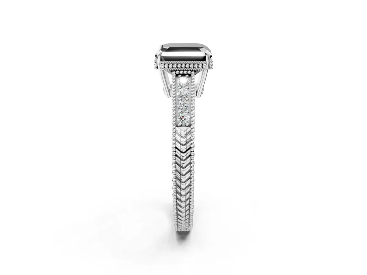 Fancy Black Asscher Cut Cut Diamond Milgrain Pave Band Four-Prong Setting Ring Platinum