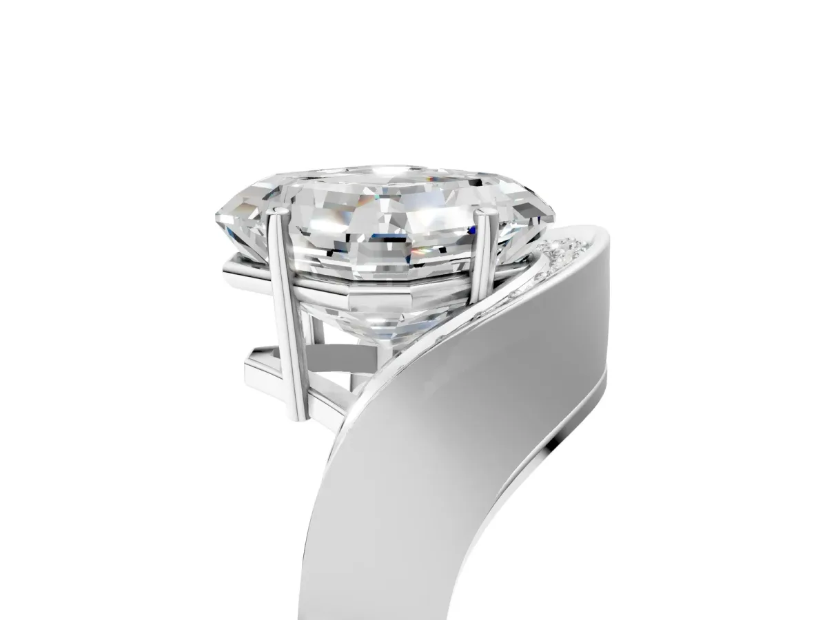 Asscher Cut Solitaire Diamond Engagement Ring with Pave Band and Four-Prong Setting Silver