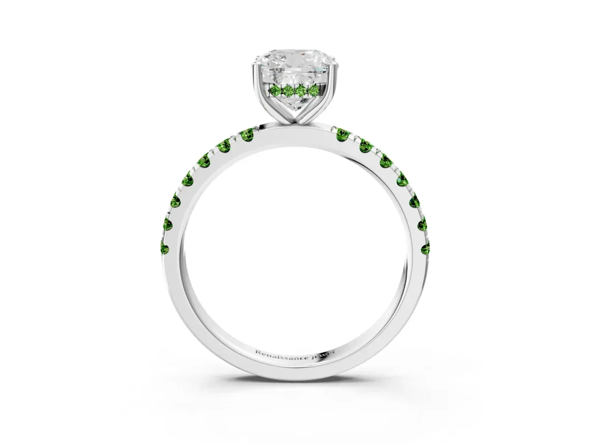 Cushion Cut Diamond Pave Band Solitaire Ring with Round Peridot and Prong Setting Silver