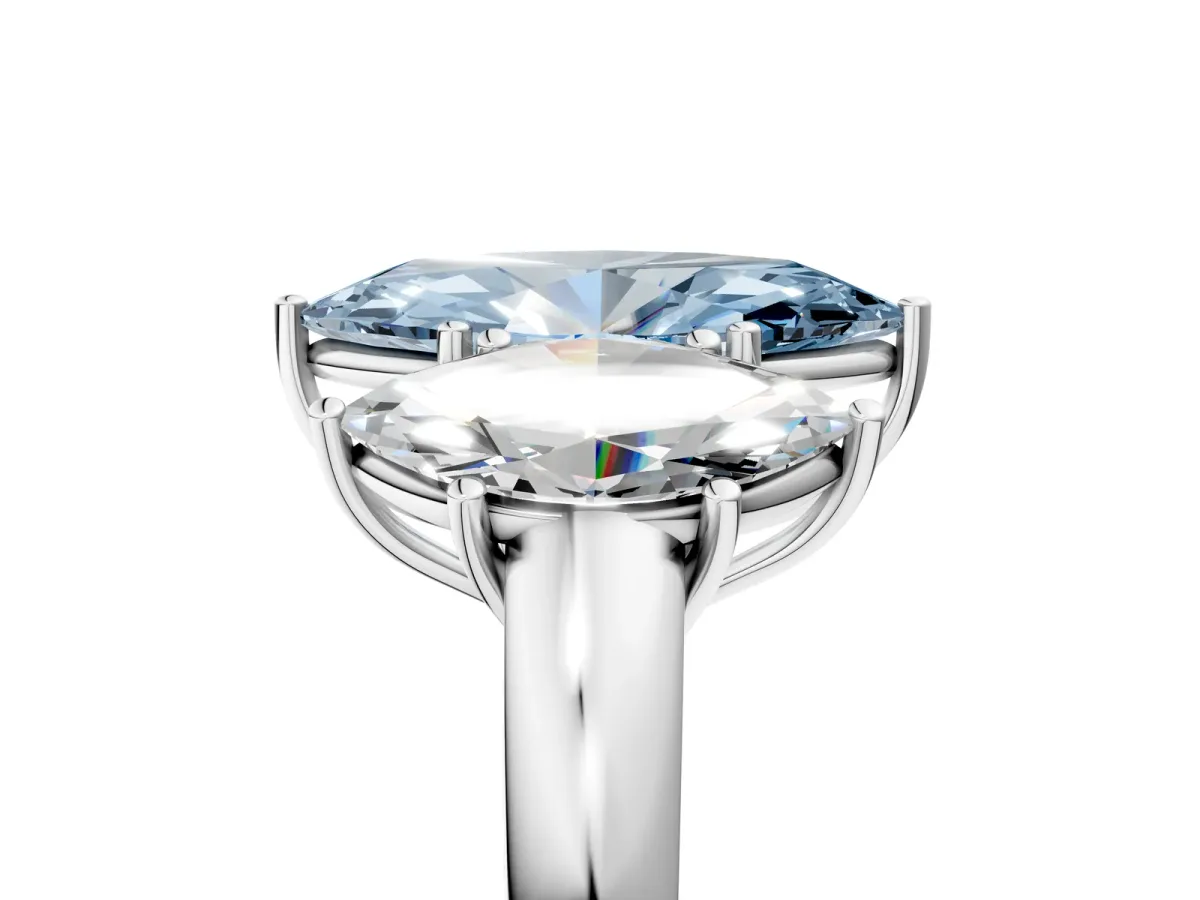 Fancy Blue Marquise Cut Diamond Three-Stone Ring with Four-Prong Setting and Classic Band Platinum