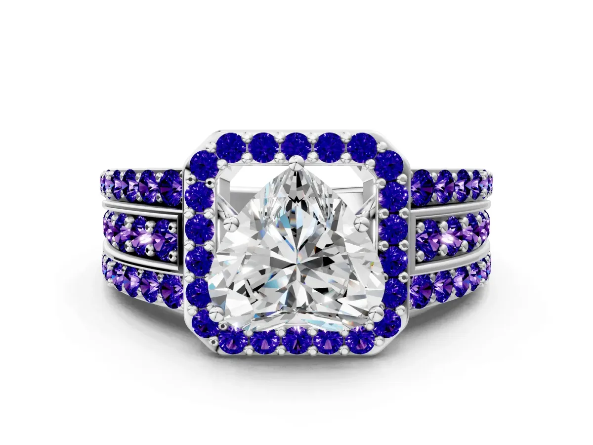 Heart Cut Halo Diamond Ring with Round Tanzanite Split Shank and Prong Setting Silver