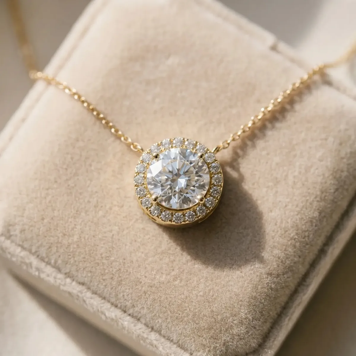 Round Halo Prong Set Pendant Yellow gold