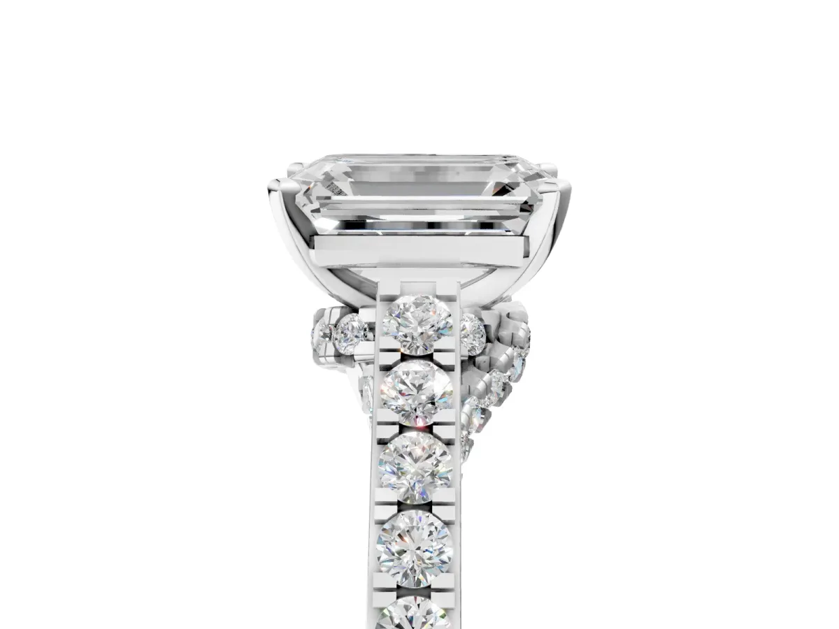 Emerald Cut Diamond Solitaire Ring with Crossover Gallery and Round Pavé Band Platinum
