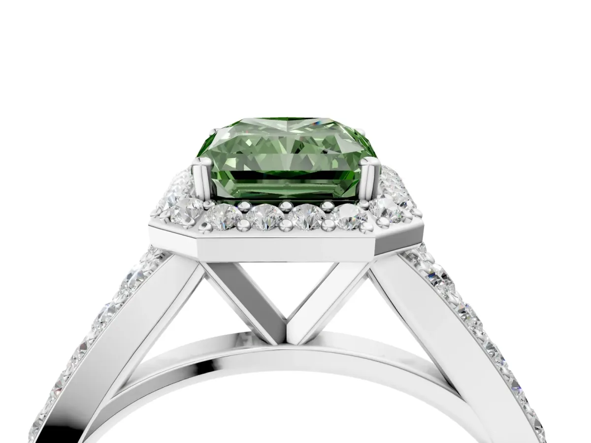 Fancy Green Radiant Cut Diamond Split Shank Halo Ring with Four-Prong Setting Platinum