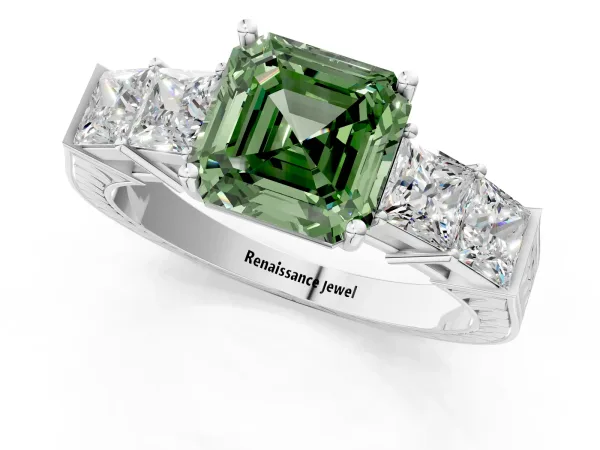Fancy Green Asscher Cut Solitaire Princess Side Stone Engraved Band Prong Setting Ring Platinum