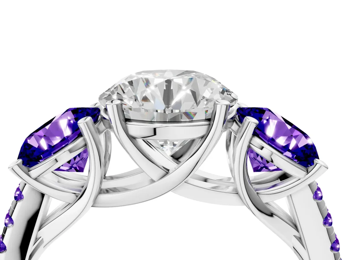 Three-Stone Round Cut Diamond Ring with Round Tanzanite Pavé Band and Prong Setting Silver