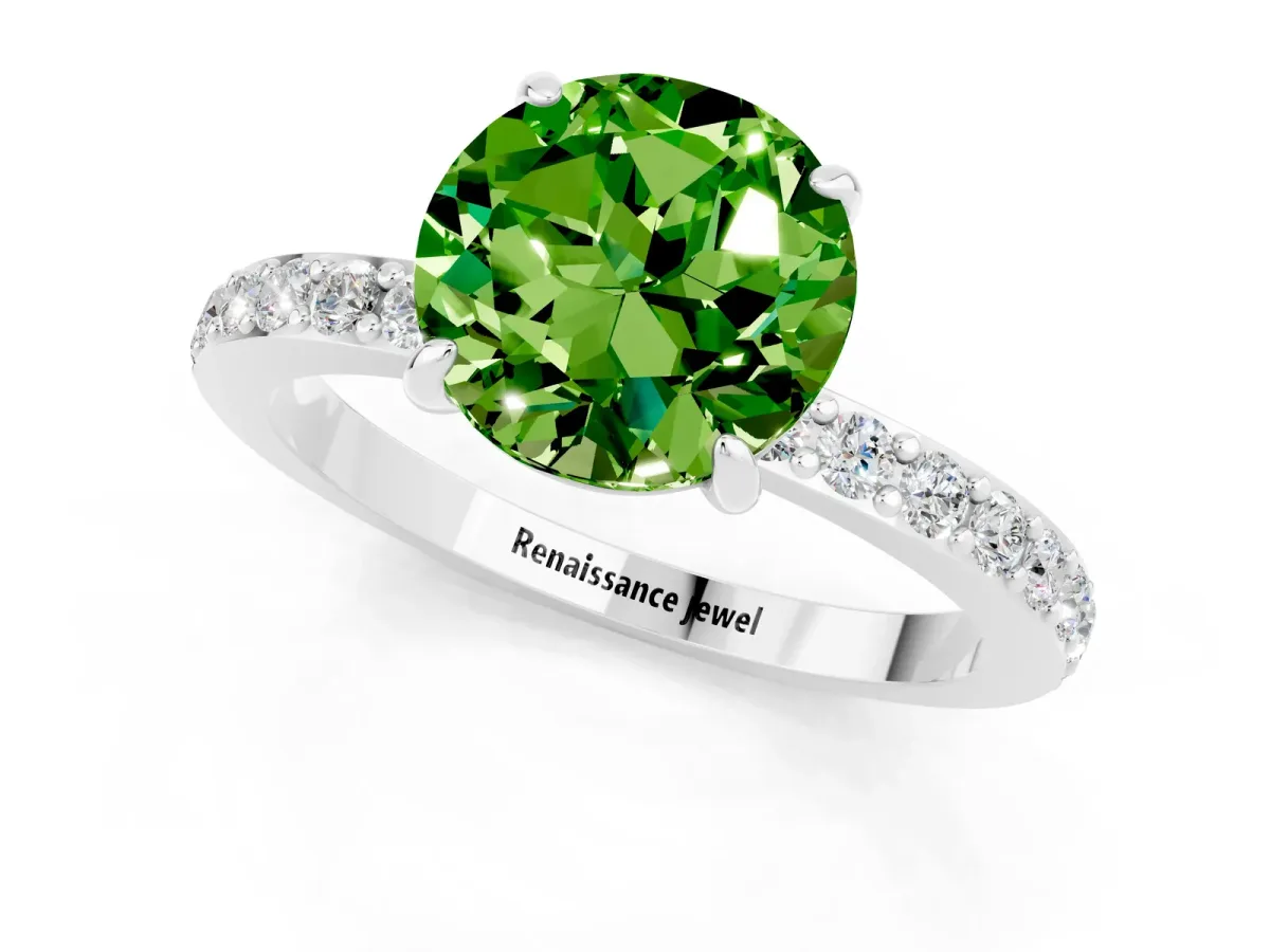 Round Cut Peridot Solitaire Engagement Ring with Pavé Band and Four-Prong Setting Silver