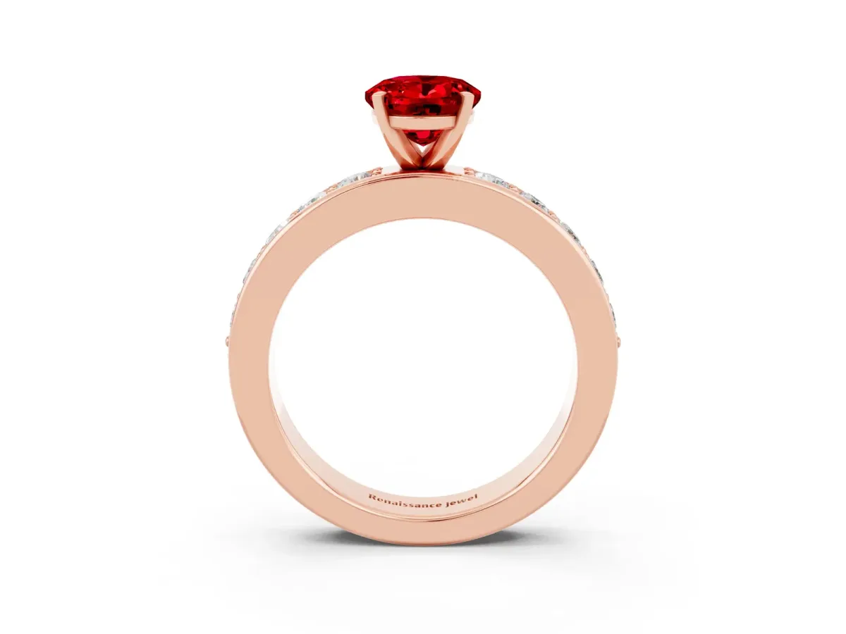 Oval Cut Ruby Engagement Ring with Channel Set Round Band and Prong Setting Rose gold