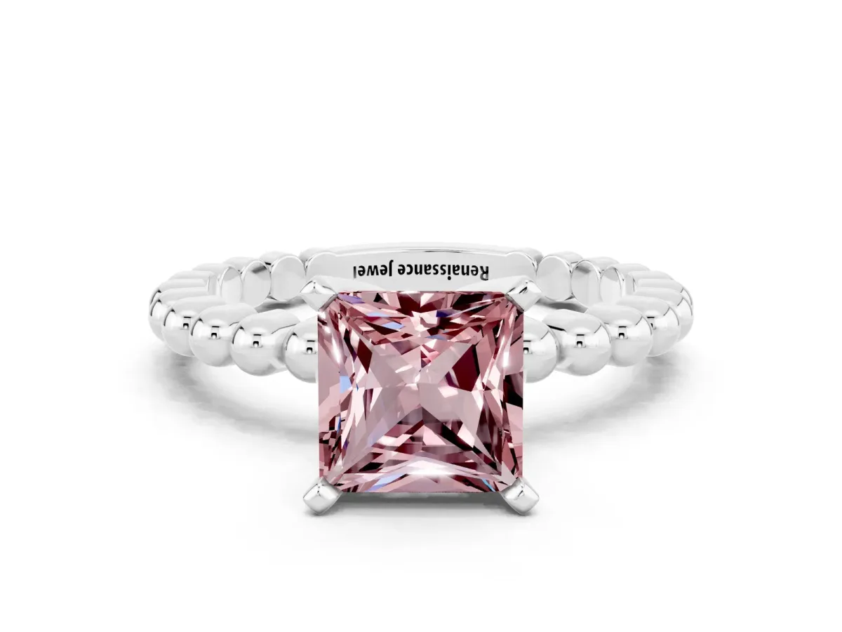 Princess Cut Morganite Solitaire Ring with Beaded Band and Prong Setting Platinum