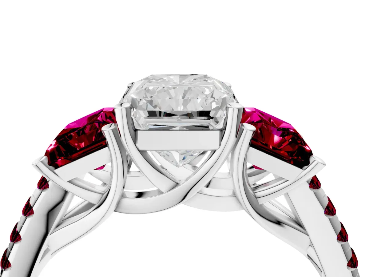 Three-Stone Radiant Cut Diamond Ring with Round Garnet Pavé Band and Prong Setting Silver