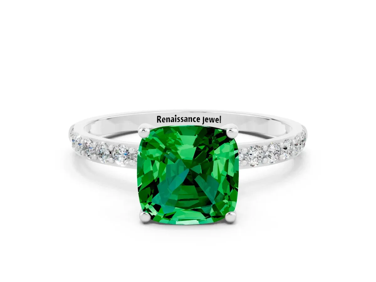 Cushion Cut Emerald Solitaire Ring with Round Pavé Band and Prong Setting Silver
