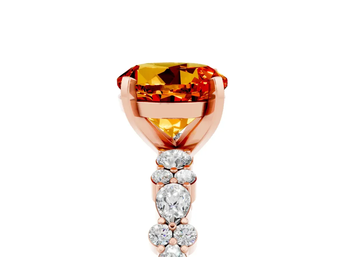 Round Cut Citrine Side Stone Solitaire Ring with Round and Four-Prong Setting Rose gold