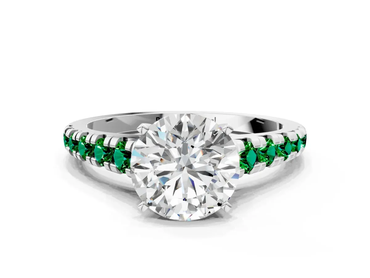 Round Cut Diamond Cathedral Solitaire Ring with Round Emerald Pavé Band Platinum
