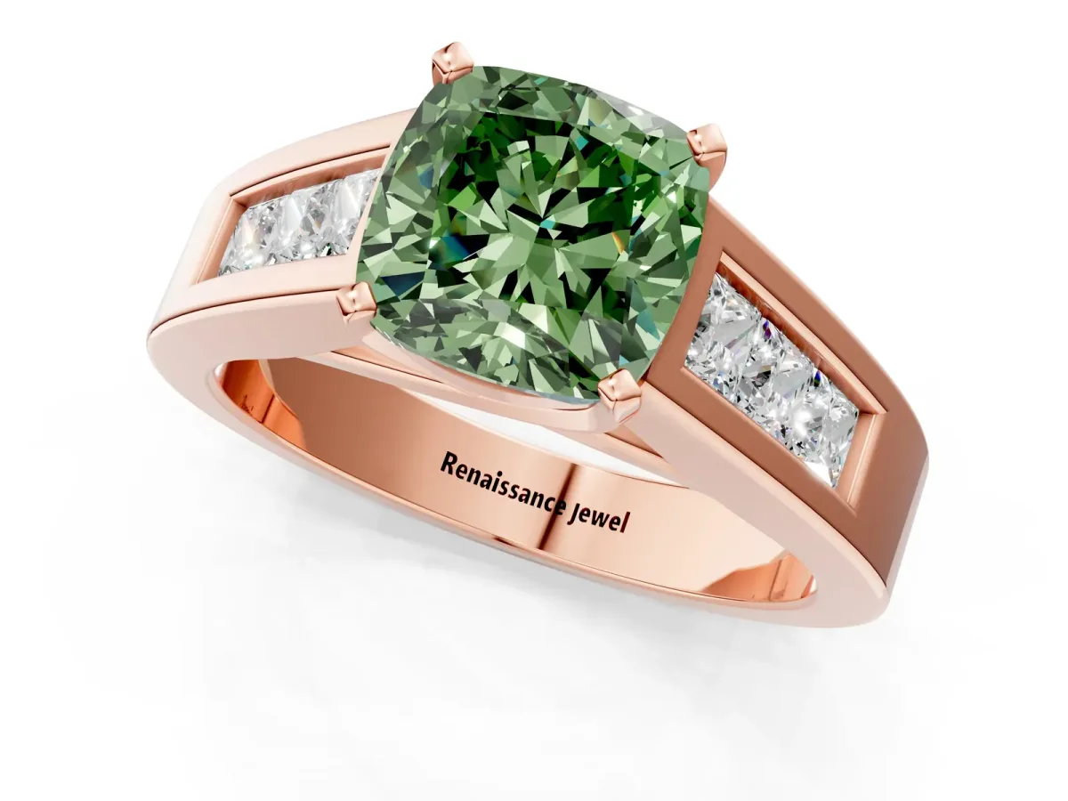 Fancy Green Cushion Cut Cut Channel Set Solitaire Ring with Four-Prong Setting Rose gold