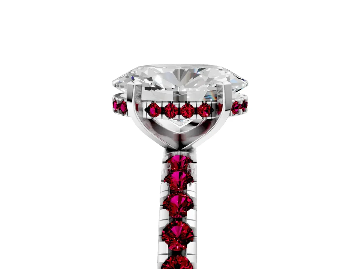 Oval Cut Diamond Solitaire Ring with Round Garnet Pavé Band and Four-Prong Setting Silver