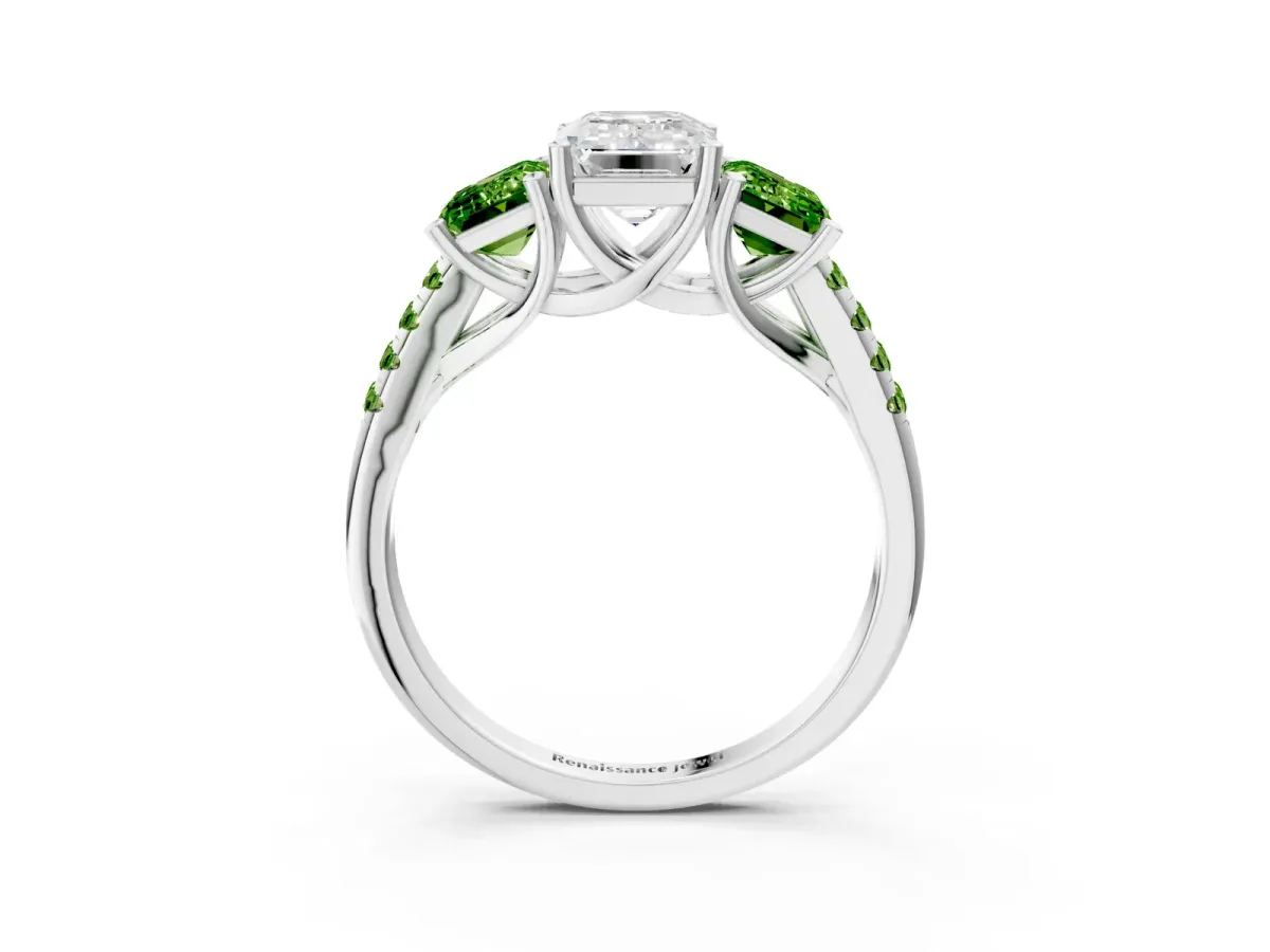Three-Stone Emerald Cut Diamond Ring with Round Peridot Pavé Band and Prong Setting Platinum