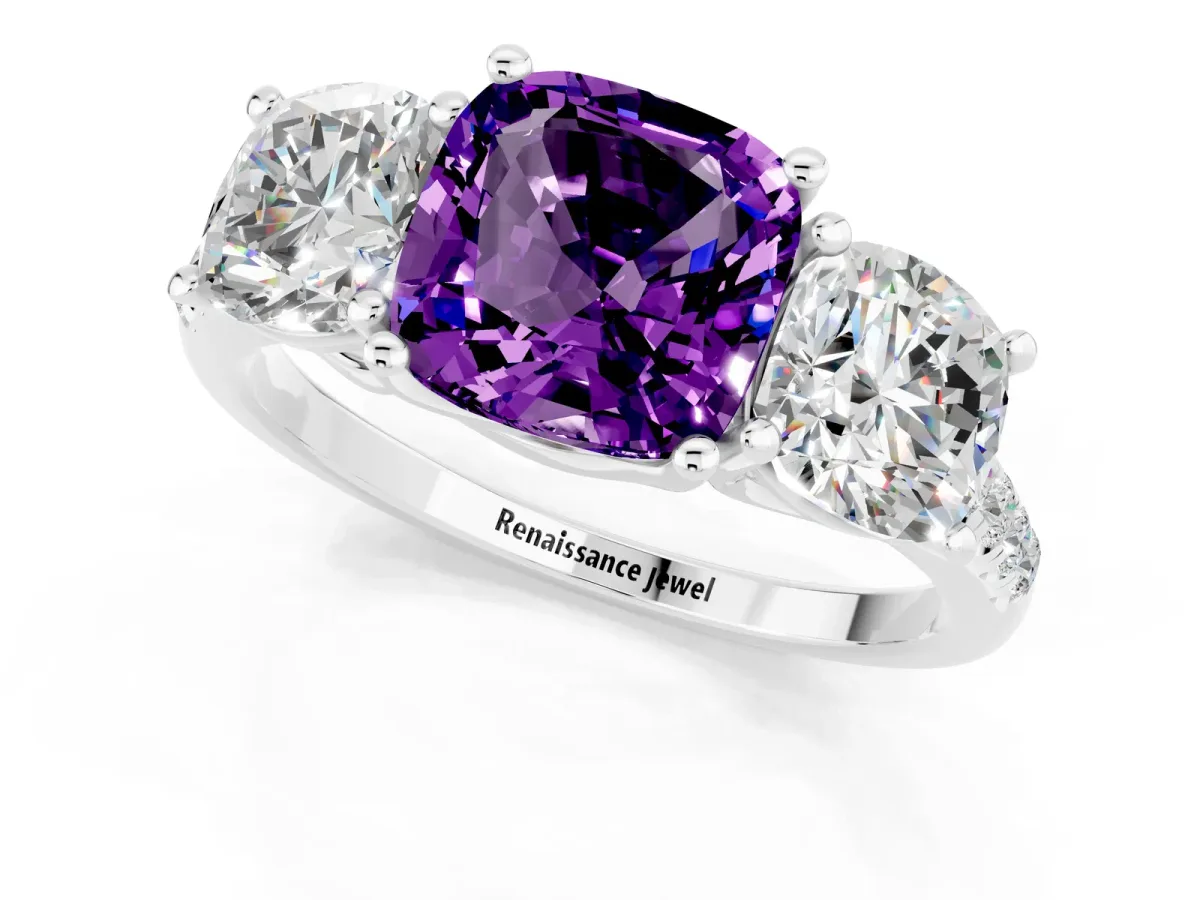 Three-Stone Cushion Cut Amethyst Ring with Round Pavé Band and Prong Setting Silver
