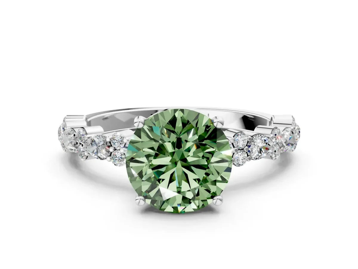 Fancy Green Round Cut Diamond Side Stone Solitaire Ring with Round and Four-Prong Setting Platinum