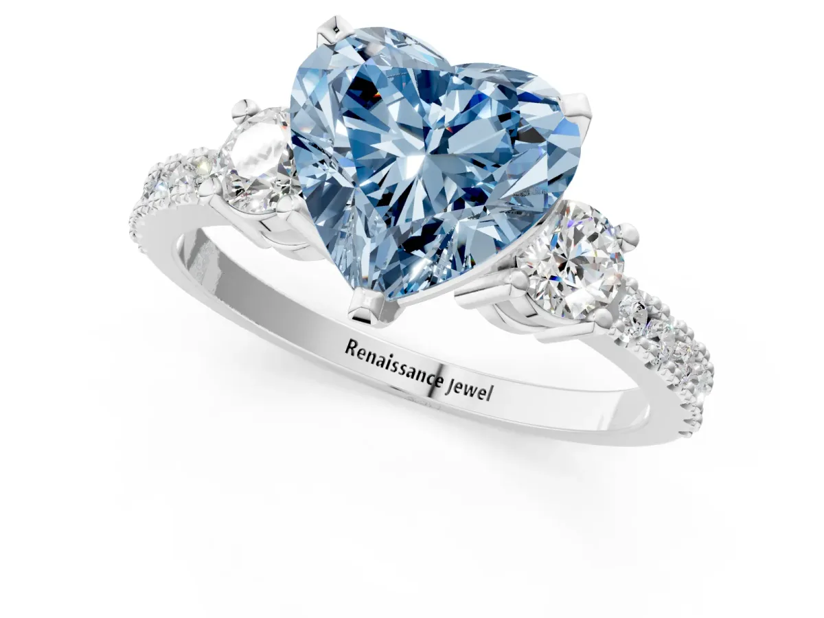Fancy Blue Heart Cut Cut Three-Stone Diamond Pavé Band with Prong Setting Platinum
