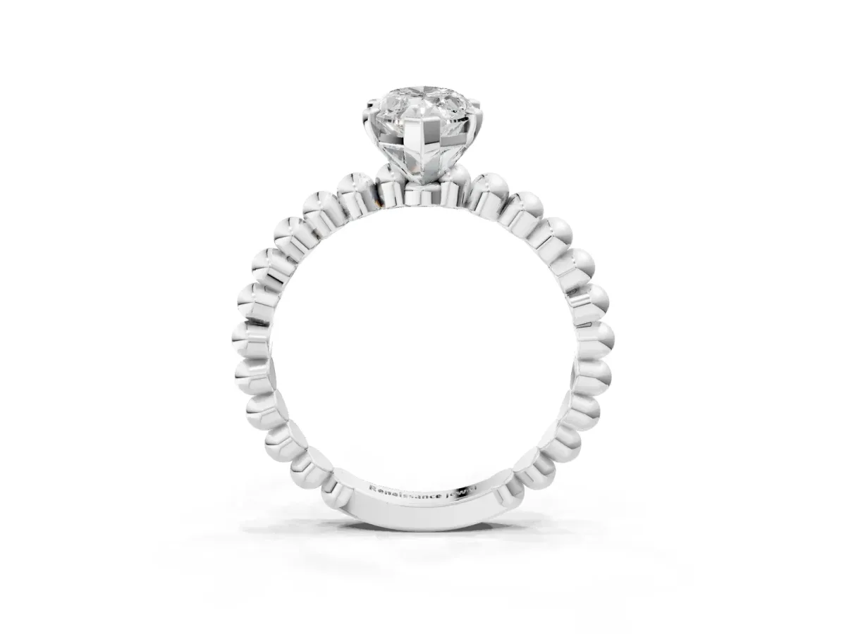 Marquise Cut Diamond Solitaire Ring with Beaded Band and Prong Setting Silver