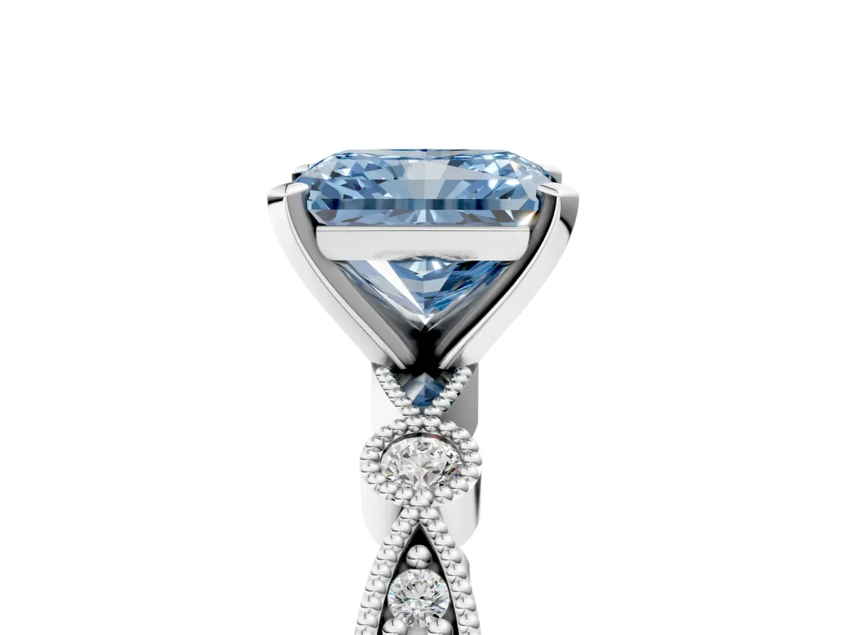Fancy Blue Radiant Cut Milgrain Bezel Diamond Engagement Ring with Solitaire Prong Setting Platinum