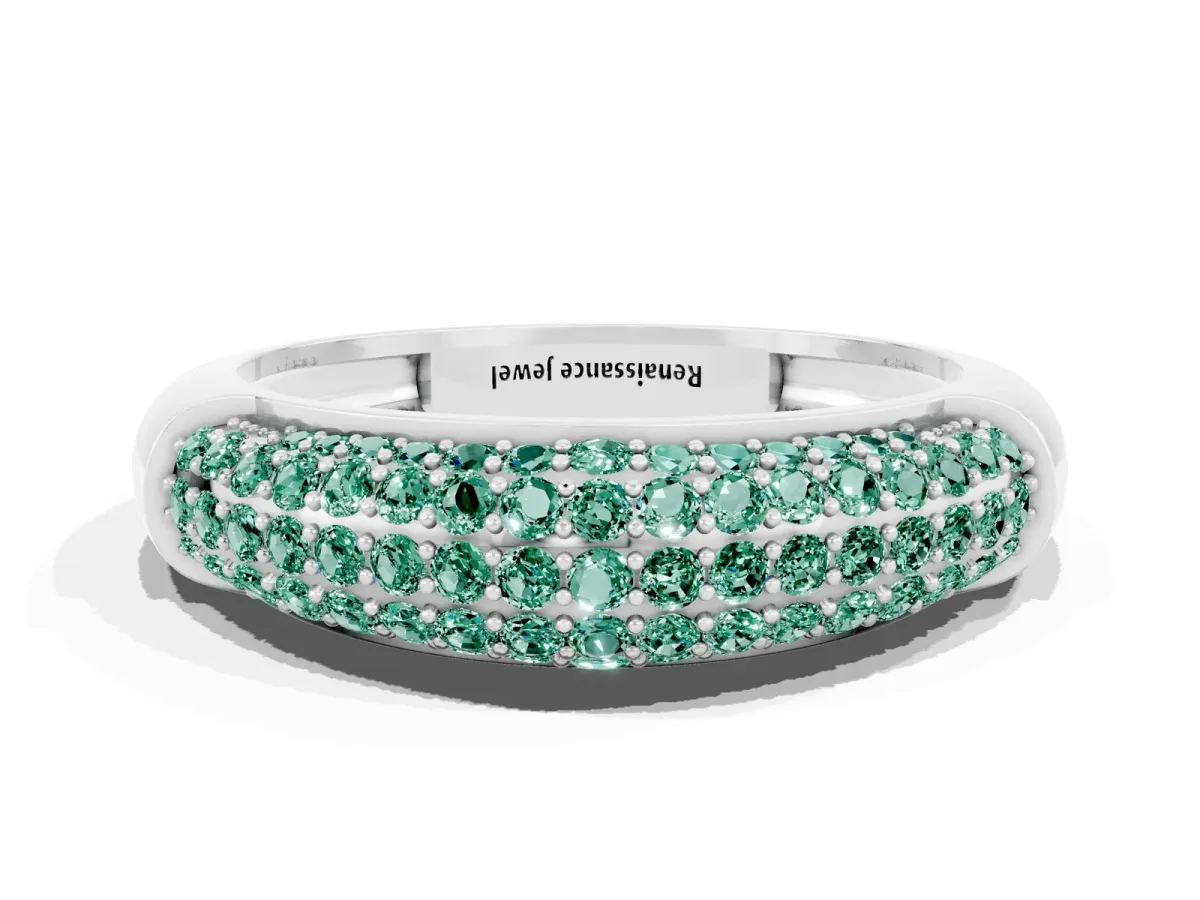 Three-Row Pavé Round Green Sapphire Dome Band White gold