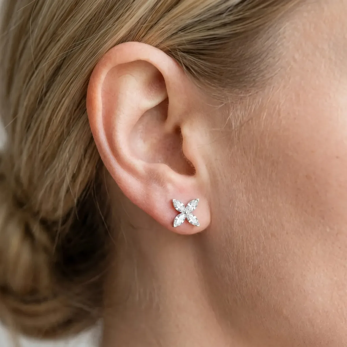 Marquise Cut Diamond Flower Stud Earrings Platinum