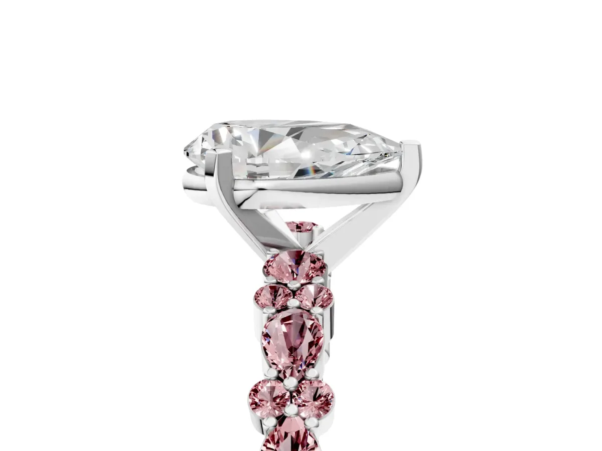 Pear Cut Diamond Side Stone Solitaire Ring with Round Morganite and Four-Prong Setting White gold