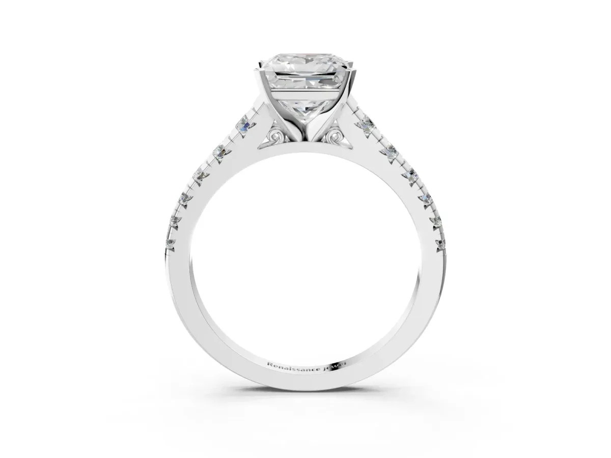 Princess Cut Diamond Cathedral Solitaire Ring with Round Pavé Band Platinum