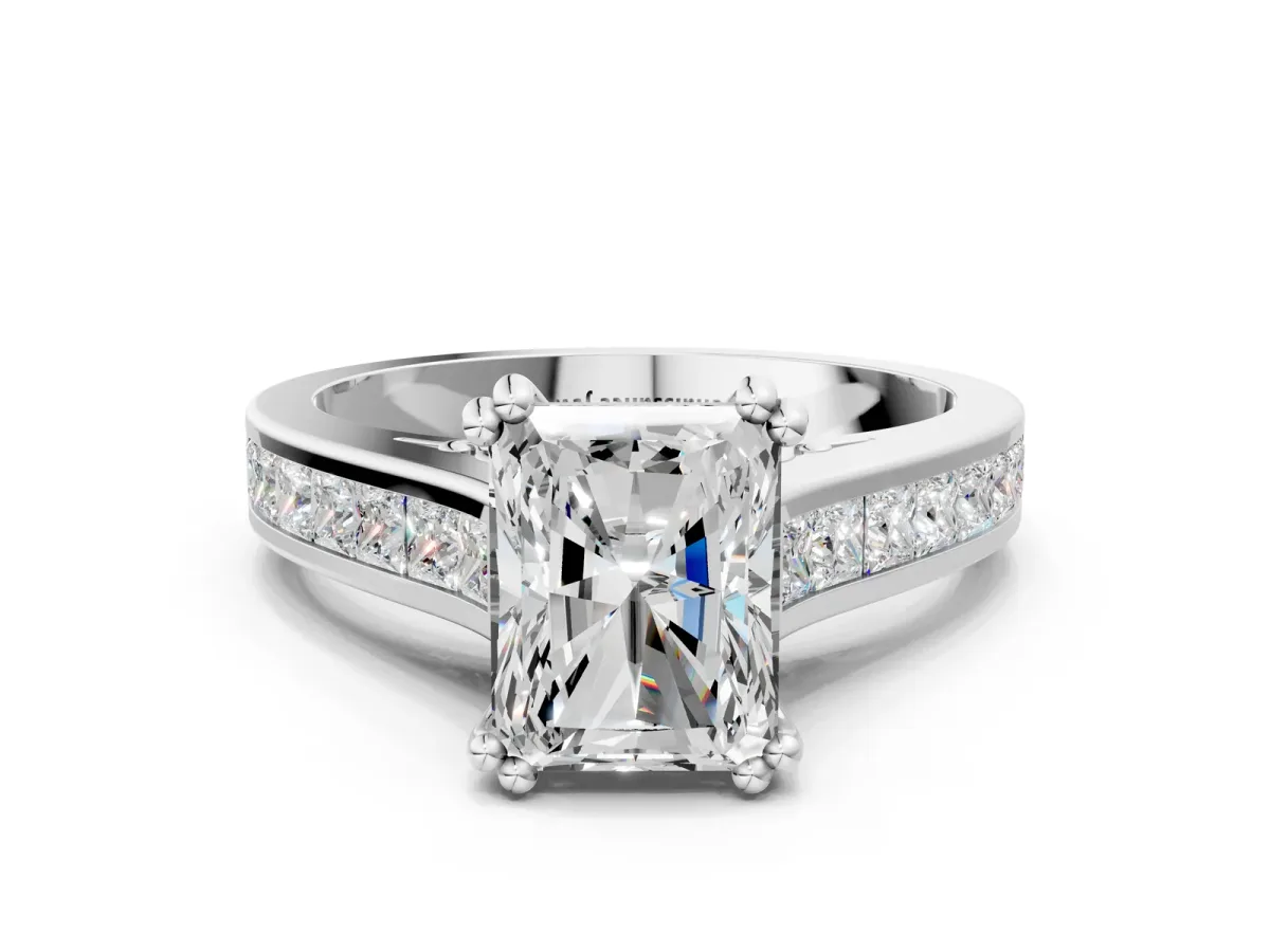 Radiant Cut Cut Channel Set Solitaire Engagement Ring with Prong Setting Platinum