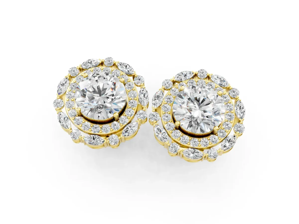 Round Diamond Double Halo Stud Earrings with Prong Setting Yellow gold