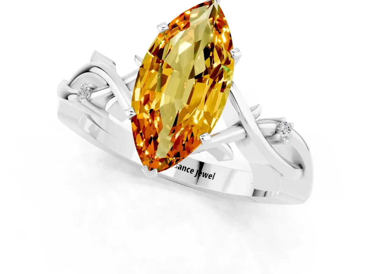 Marquise Cut Citrine Solitaire Ring with Twisted Band and Prong Setting Silver