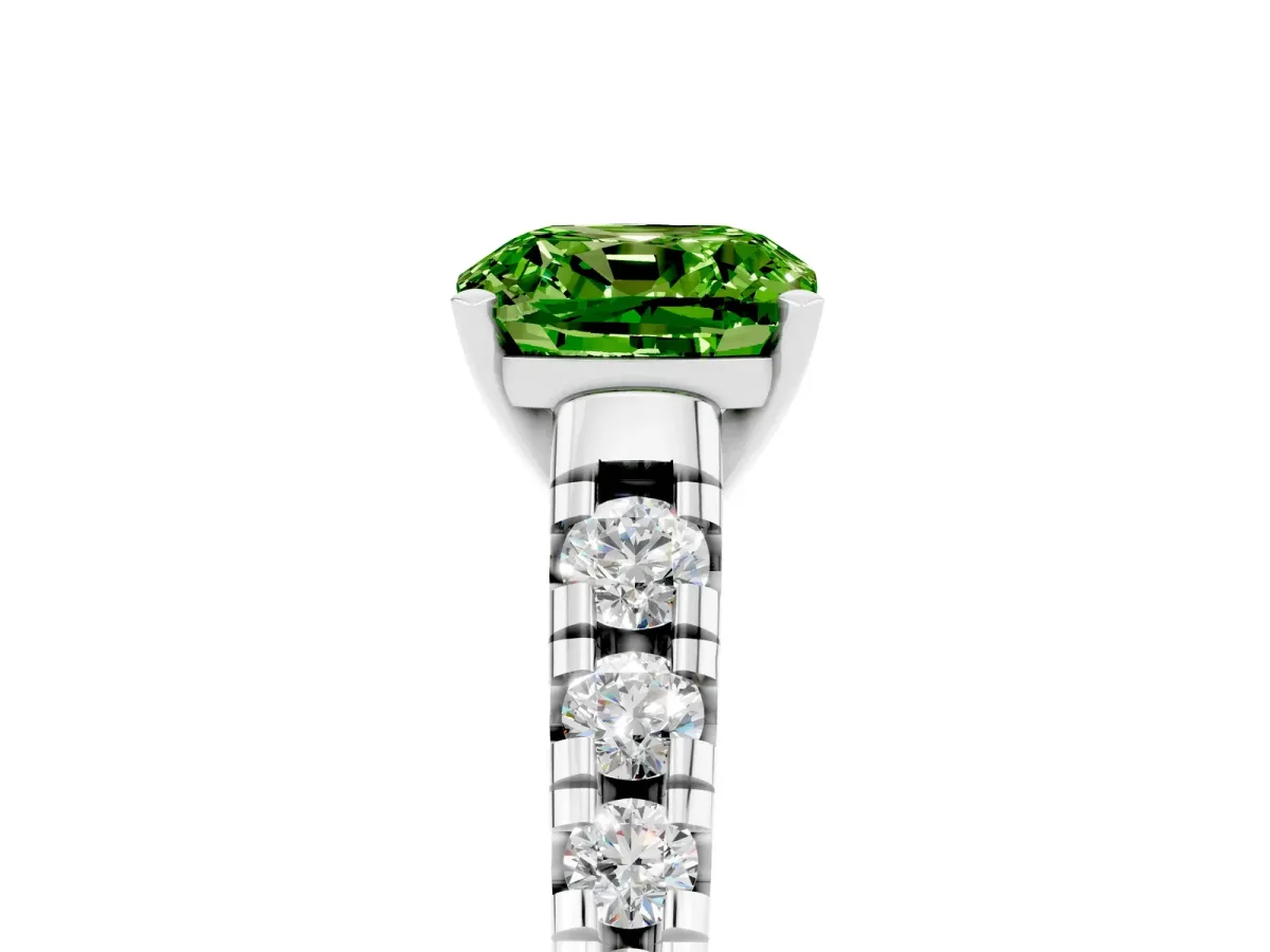 Cushion Cut Peridot Cathedral Solitaire Ring with Round Pavé Band Silver
