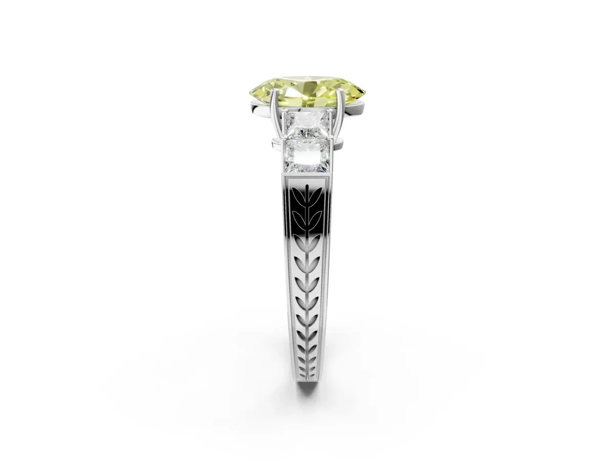 Fancy Yellow Oval Cut Solitaire Princess Side Stone Engraved Band Prong Setting Ring Platinum