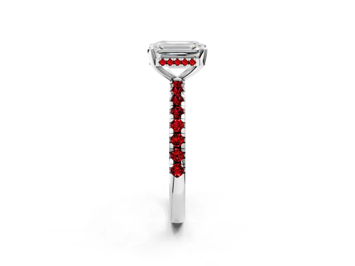 Emerald Cut Diamond Solitaire Ring with Round Ruby Pavé Band and Four-Prong Setting Platinum