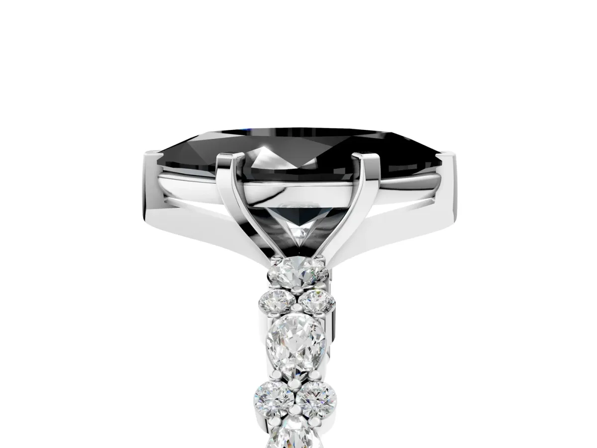 Fancy Black Marquise Cut Diamond Side Stone Solitaire Ring with Round and Four-Prong Setting Silver