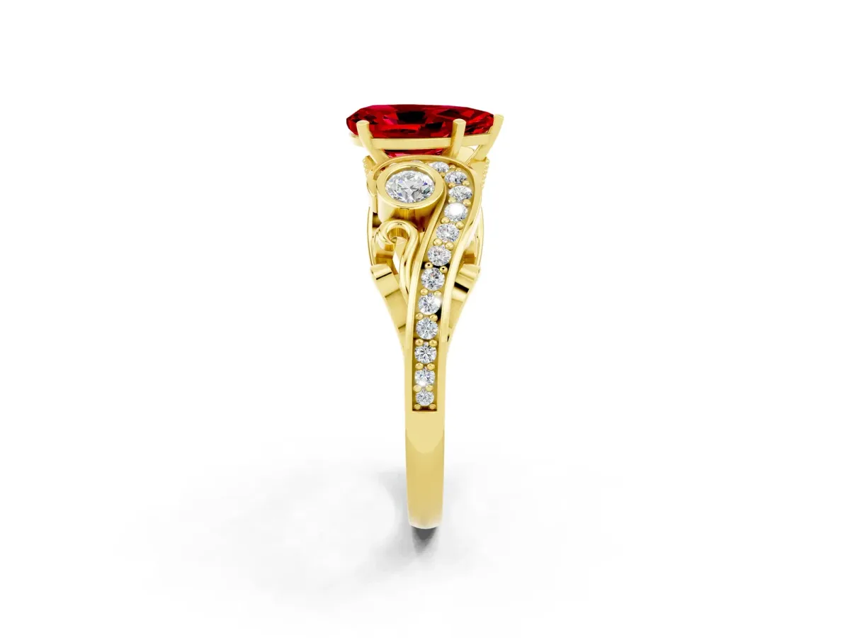 Pear Cut Ruby Solitaire Ring with Milgrain Pavé Band and Four-Prong Setting Yellow gold