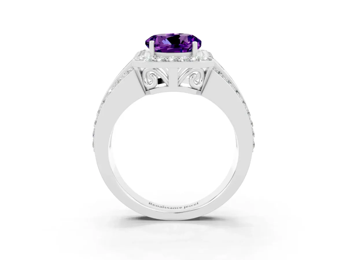 Round Cut Halo Amethyst Ring with Round Split Shank and Prong Setting Silver