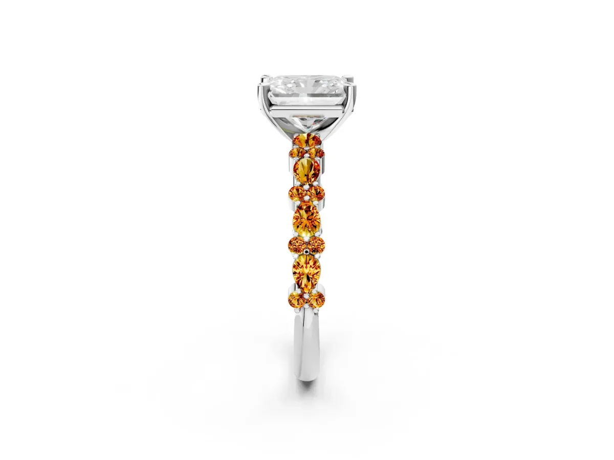 Radiant Cut Diamond Side Stone Solitaire Ring with Round Citrine and Four-Prong Setting Platinum