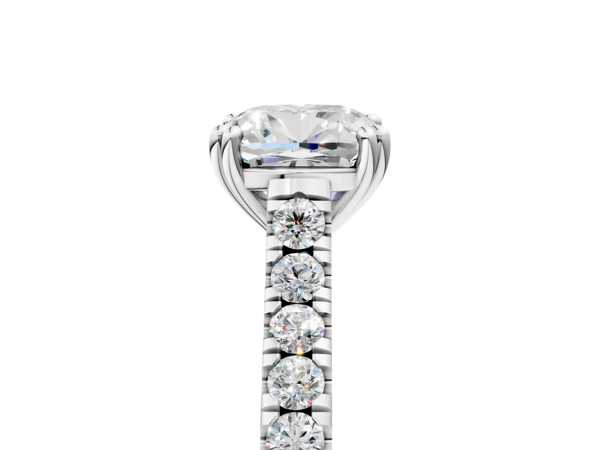 Cushion Cut Solitaire Pave Diamond Engagement Ring with Prong Setting White gold