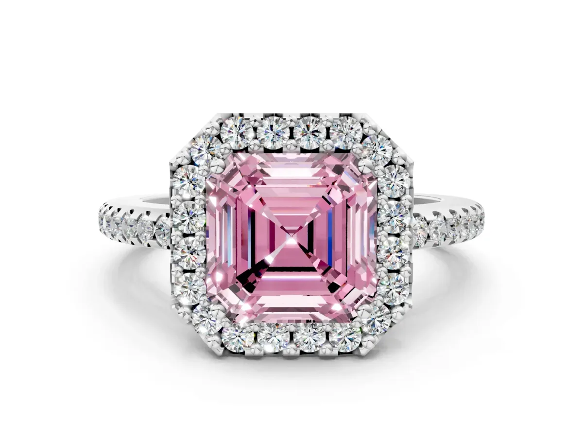 Fancy Pink Asscher Cut Diamond Pavé Halo Ring with Four-Prong Setting Platinum