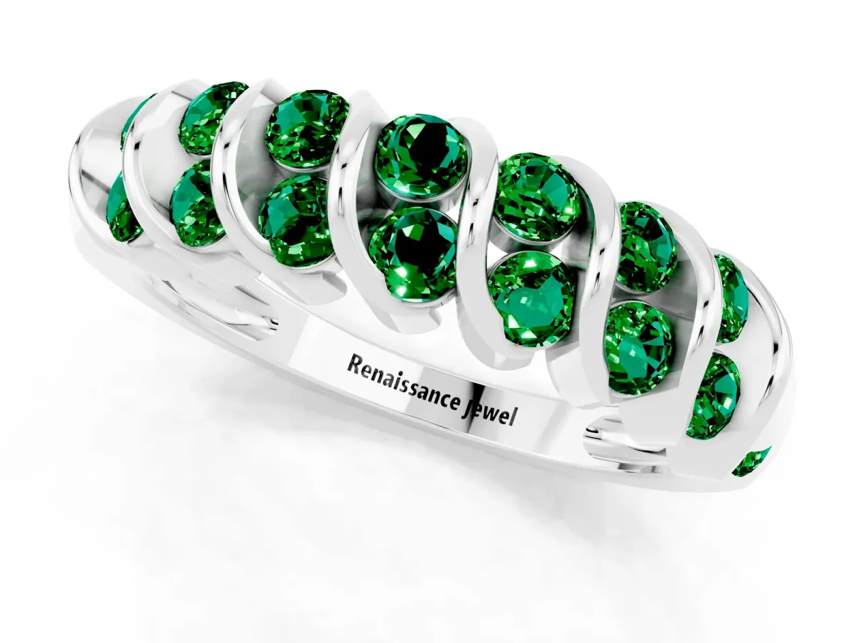 Channel Set Round Emerald Multi-Row Band Silver