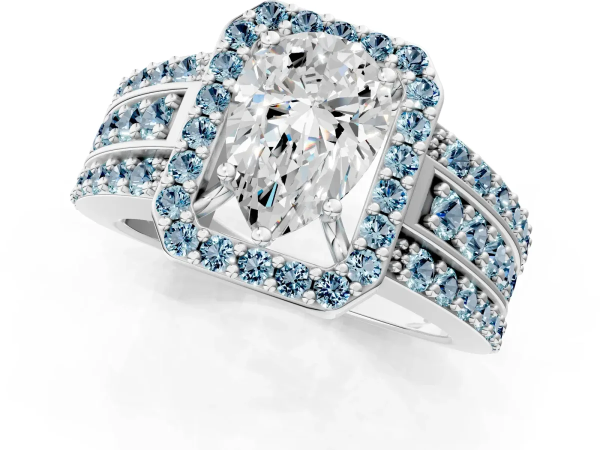 Pear Cut Halo Diamond Ring with Round Aquamarine Split Shank and Prong Setting Silver
